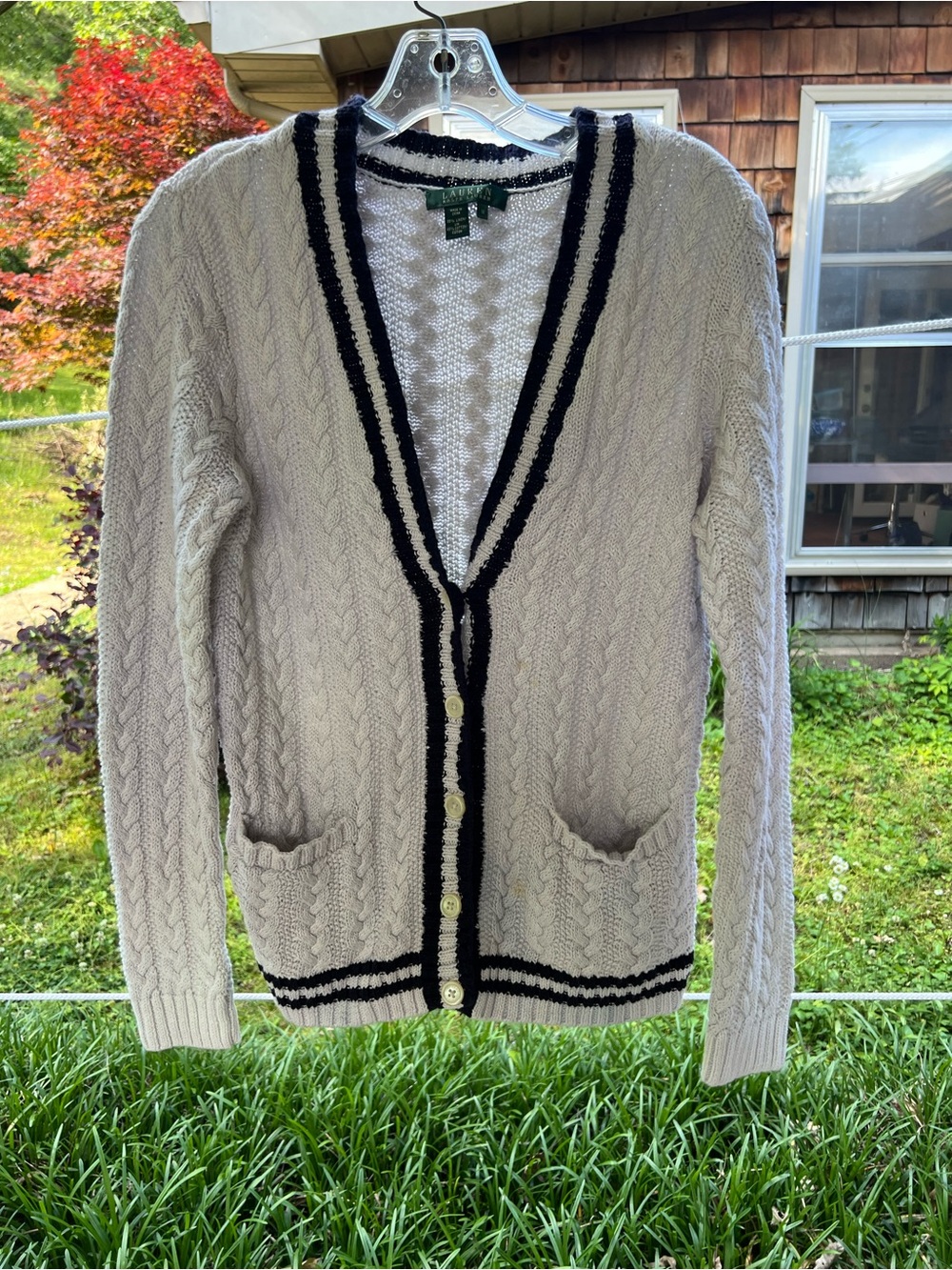 Ralph Lauren Women’s Cable-Knit Cardigan with Navy Trim - Picture 2 of 6